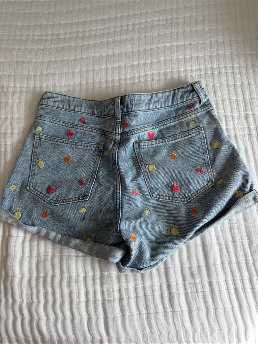 Embroidered Light Wash Denim Shorts with Fruit Motif - Blue